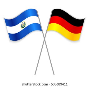 Salvadoran and German crossed flags. El Salvador combined with Germany isolated on white. Language learning, international business or travel concept.