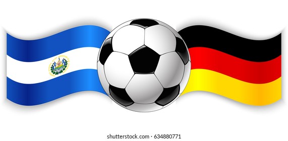 Salvadoran and German wavy flags with football ball. El Salvador combined with Germany isolated on white. Football match or international sport competition concept.