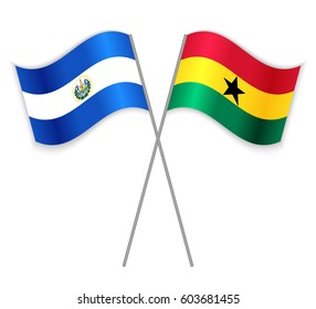 Salvadoran and Ghanaian crossed flags. El Salvador combined with Ghana isolated on white. Language learning, international business or travel concept.