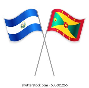 Salvadoran and Grenadian crossed flags. El Salvador combined with Grenada isolated on white. Language learning, international business or travel concept.
