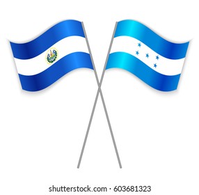 Salvadoran and Honduran crossed flags. El Salvador combined with Honduras isolated on white. Language learning, international business or travel concept.