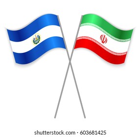 Salvadoran and Iranian crossed flags. El Salvador combined with Iran isolated on white. Language learning, international business or travel concept.