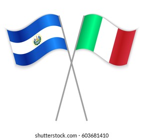 Salvadoran and Italian crossed flags. El Salvador combined with Italy isolated on white. Language learning, international business or travel concept.