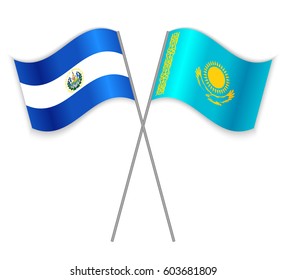Salvadoran and Kazakh crossed flags. El Salvador combined with Kazakhstan isolated on white. Language learning, international business or travel concept.