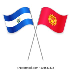 Salvadoran and Kirgiz crossed flags. El Salvador combined with Kyrgyzstan isolated on white. Language learning, international business or travel concept.
