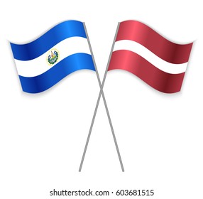 Salvadoran and Latvian crossed flags. El Salvador combined with Latvia isolated on white. Language learning, international business or travel concept.