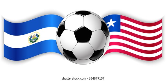 Salvadoran and Liberian wavy flags with football ball. El Salvador combined with Liberia isolated on white. Football match or international sport competition concept.