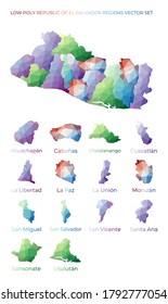 Salvadoran low poly regions. Polygonal map of the Republic of El Salvador with regions. Geometric maps for your design. Modern vector illustration.