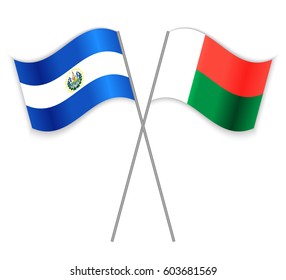 Salvadoran and Malagasy crossed flags. El Salvador combined with Madagascar isolated on white. Language learning, international business or travel concept.