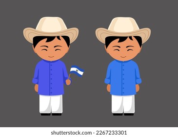 Salvadoran male cartoon character in traditional ethnic costume with national flag. Man in Salvador clothes. Latin americans. Isolated flat vector illustration.