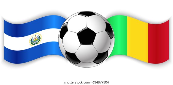 Salvadoran and Malian wavy flags with football ball. El Salvador combined with Mali isolated on white. Football match or international sport competition concept.