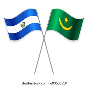 Salvadoran and Mauritanian crossed flags. El Salvador combined with Mauritania isolated on white. Language learning, international business or travel concept.