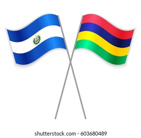Salvadoran and Mauritian crossed flags. El Salvador combined with Mauritius isolated on white. Language learning, international business or travel concept.