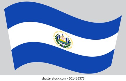 Salvadoran national official flag. Patriotic symbol, banner, element, background. Correct colors. Flag of El Salvador waving on gray background, vector