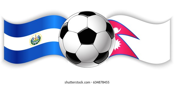 Salvadoran and Nepalese wavy flags with football ball. El Salvador combined with Nepal isolated on white. Football match or international sport competition concept.