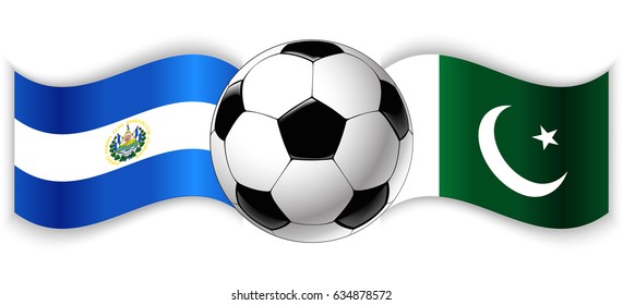 Salvadoran and Pakistani wavy flags with football ball. El Salvador combined with Pakistan isolated on white. Football match or international sport competition concept.