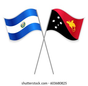 Salvadoran and Papuan crossed flags. El Salvador combined with Papua New Guinea isolated on white. Language learning, international business or travel concept.