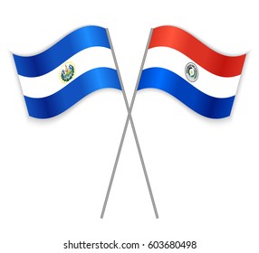 Salvadoran and Paraguayan crossed flags. El Salvador combined with Paraguay isolated on white. Language learning, international business or travel concept.