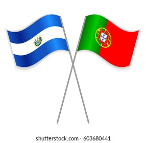 Salvadoran and Portuguese crossed flags. El Salvador combined with Portugal isolated on white. Language learning, international business or travel concept.