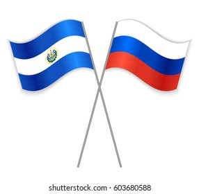 Salvadoran and Russian crossed flags. El Salvador combined with Russia isolated on white. Language learning, international business or travel concept.