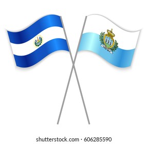Salvadoran and Sammarinese crossed flags. El Salvador combined with San Marino isolated on white. Language learning, international business or travel concept.
