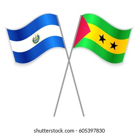 Salvadoran and Sao Tomean crossed flags. El Salvador combined with Sao Tome and Principe isolated on white. Language learning, international business or travel concept.