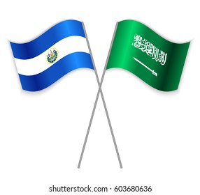 Salvadoran and Saudi Arabian crossed flags. El Salvador combined with Saudi Arabia isolated on white. Language learning, international business or travel concept.