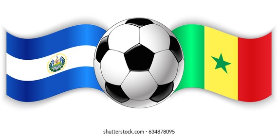 Salvadoran and Senegalese wavy flags with football ball. El Salvador combined with Senegal isolated on white. Football match or international sport competition concept.