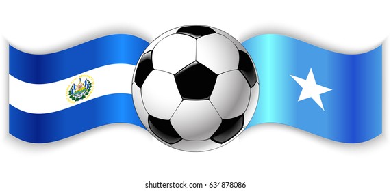 Salvadoran and Somali wavy flags with football ball. El Salvador combined with Somalia isolated on white. Football match or international sport competition concept.