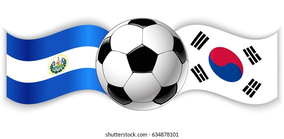 Salvadoran and South Korean wavy flags with football ball. El Salvador combined with South Korea isolated on white. Football match or international sport competition concept.