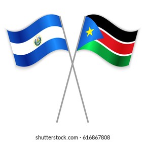 Salvadoran and South Sudanese crossed flags. El Salvador combined with South Sudan isolated on white. Language learning, international business or travel concept.