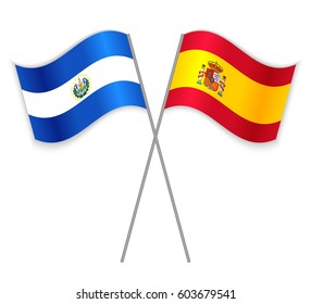 Salvadoran and Spanish crossed flags. El Salvador combined with Spain isolated on white. Language learning, international business or travel concept.