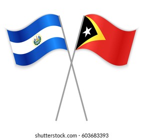 Salvadoran and Timorese crossed flags. El Salvador combined with East Timor isolated on white. Language learning, international business or travel concept.