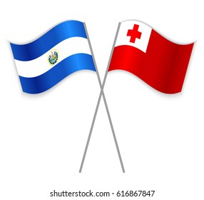 Salvadoran and Tongan crossed flags. El Salvador combined with Tonga isolated on white. Language learning, international business or travel concept.