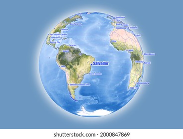 Salvador-Brazil is shown on vector globe map. The map shows Salvador-Brazil 's location in the world.