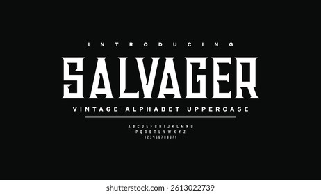 Salvager: Vintage-inspired classic typeface design. Elegant uppercase alphabet A–Z and numbers in a timeless serif style. Vector illustration.