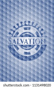 Salvation blue emblem or badge with abstract geometric pattern background.
