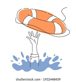 Salvation of a drowning person. The person is drowning in water. Economic crisis. Lifebuoy. Flat color graphics isolated on white.