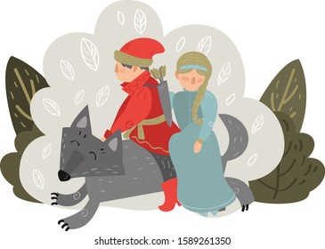 Salvation of the princess. Russian folk tales. A man in a national red suit rides a wolf with woman in blue national dress on a background of a bush with leaves and strokes.
