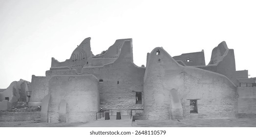 O Palácio de Salwa é o maior e mais importante edifício de At-Turaif, outrora a residência real da família Al Saud.A arquitetura histórica da Arábia Saudita iluminou com iluminação quente.