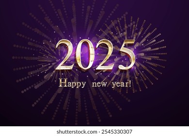 salyut2025 - Anuncio para celebrar el Nuevo Año en la atmósfera de una fiesta nocturna con fuegos artificiales y bengalas - texto en inglés con letras doradas en 3D