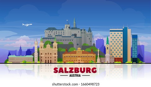 Salzburg (Austria) city skyline vector at mountains background. Flat vector illustration. Business travel and tourism concept with modern buildings. Image for banner or web site.