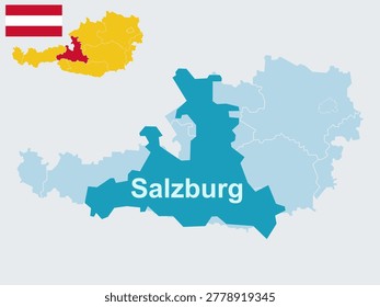 Salzburg Austria Map and Flag - Salzburg State, Capital City and Salzach River Vector Outline.