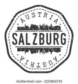 Postmark del sello de Salzburgo, Austria. Pasaporte postal de Silhouette. Icono de vector de redondeo de ciudad. Diseño de rehenes vintage.