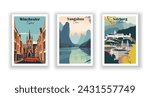 Salzburg, Austria. Winchester, England. Yangshuo, China - Set of 3 Vintage Travel Posters. Vector illustration. High Quality Prints