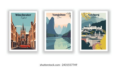 Salzburgo, Austria. Winchester, Inglaterra. Yangshuo, China - Juego de 3 Carteles de Viajes Vintage. Ilustración vectorial. Impresiones de alta calidad