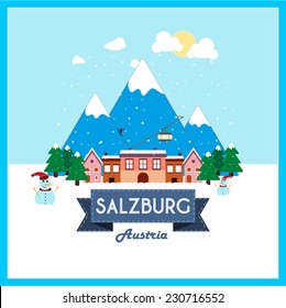 Salzburg, Austria, Winter Holiday destination flat design on snowy mountain background.