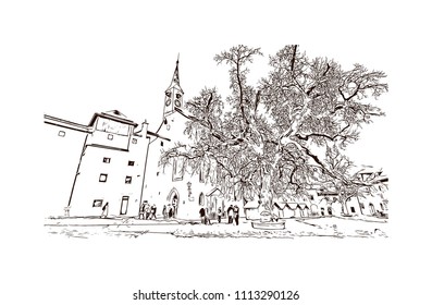 Salzburg is an Austrian city on the border of Germany. Hand drawn sketch illustration in vector.