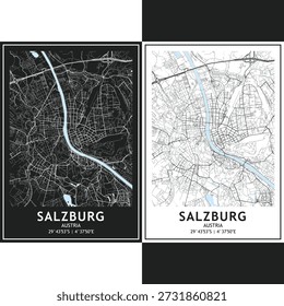 Salzburg city map vector set, bundle of dark and light minimalist urban roadmap with scalable street grid, highways, and planning layout