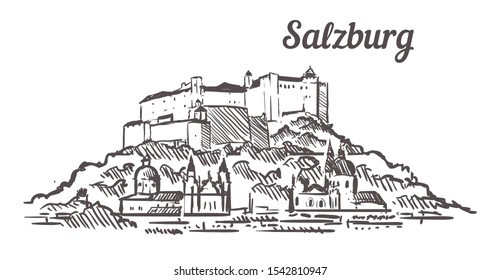 Salzburg Fortress sketch. Salzburg hand drawn illustration isolated on white background.